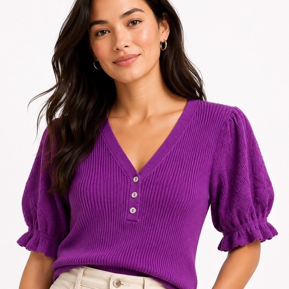 Sundance Tops - Sundance Purple Ribbed Henley Top Organic Cotton Pointelle Puff Sleeve Large New